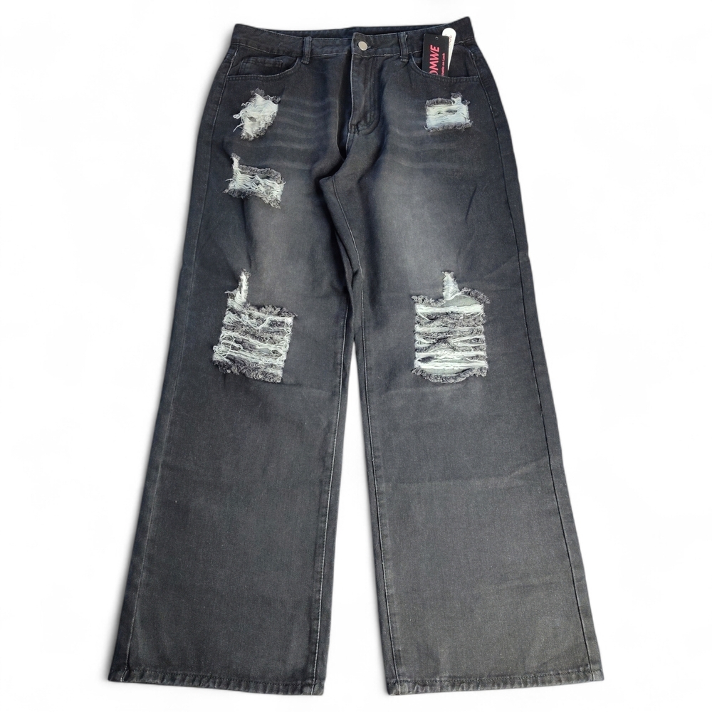 Romwe Distressed Black/Grey Denim Jeans Womens Size XL